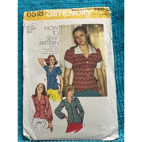 Simplicity 6518 Sewing pattern blouse button front puff sleeve size 12 - Picture 1 of 6